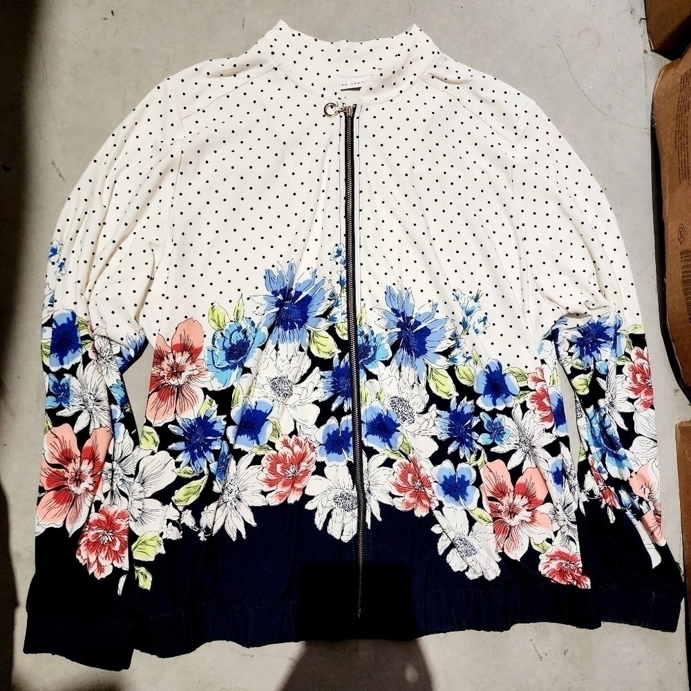 Susan Graver White Navy Floral Swiss Dot Full Zip Jacket Women's Large L Pockets